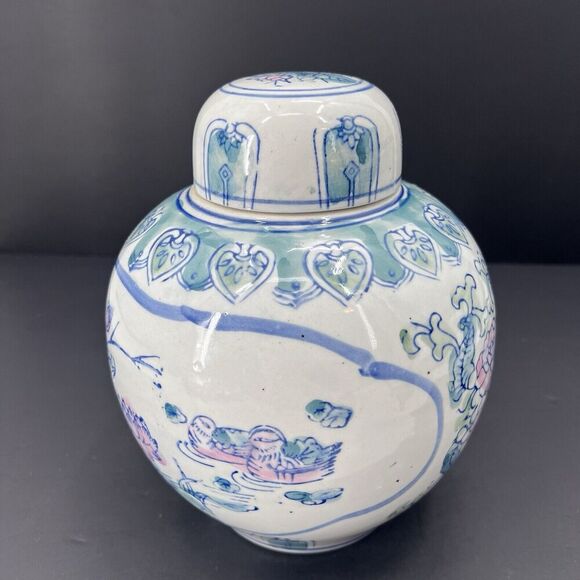 Vintage Chinese Lillies & Ducks Porcelain Lidded Ginger Jar Asian Decor - Picture 4 of 10